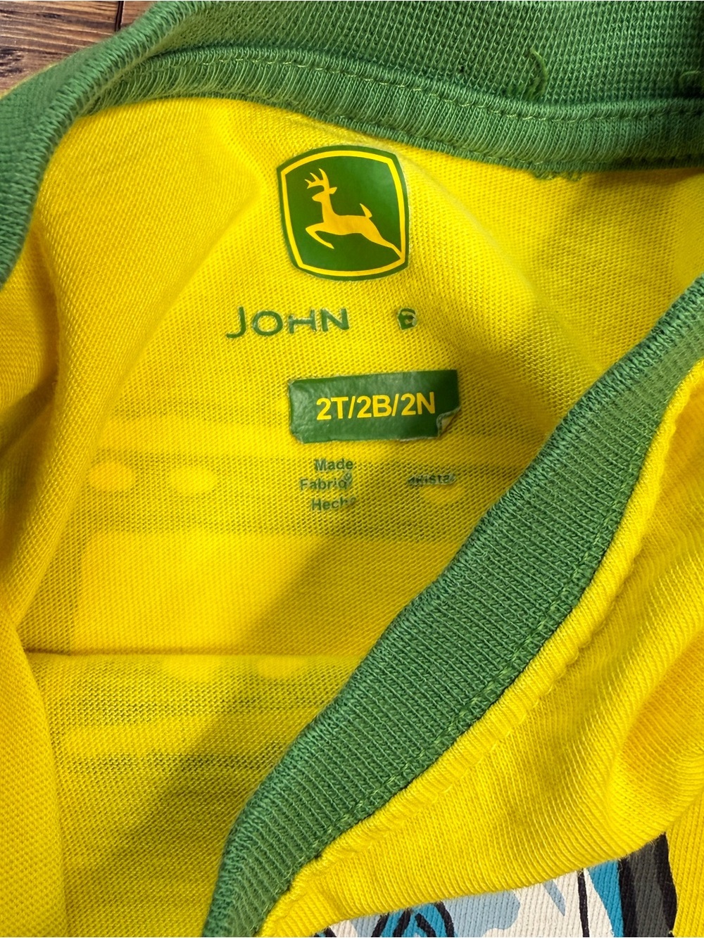 John Deere Boys Yellow Body Green Sleeve Tractor Tee Reverse Tractor on Back 2T - Picture 5 of 11